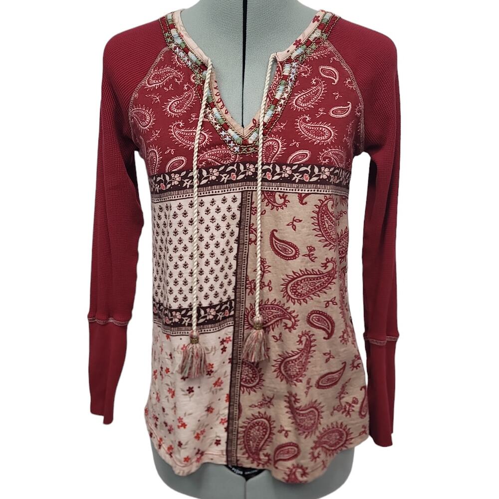 Sundance Womens Red Patchwork Tunic Blouse Size XS